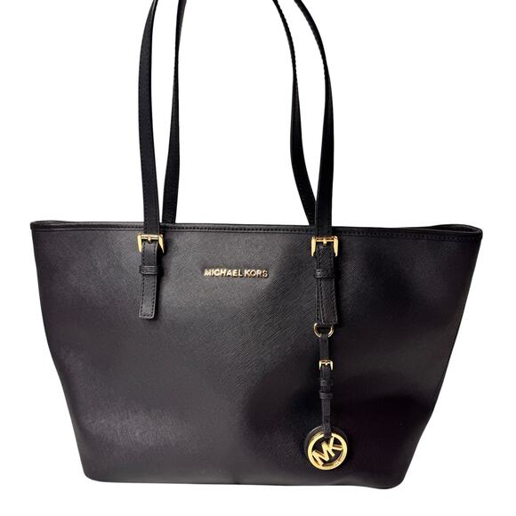 Michael Kors Black Large Tote Saffiano Leather Handbag Purse Top Zip Jet Set - Picture 1 of 11